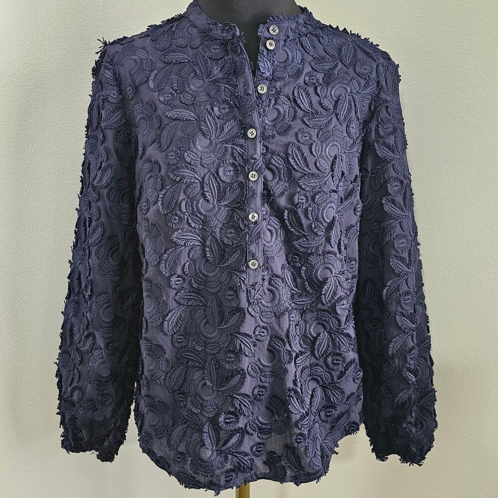 EUC Boden Navy Blue Embroidered Textured Popover Blouse Boho Top UK 8 US 4